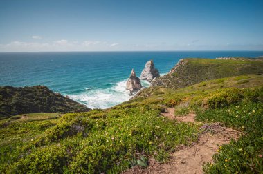 Atlantik Okyanusu manzaralı güzel bir ufuk, kumlu bir sahil, gün doğumunda kayalar ve dalgalar. Ursa Sahili, Sintra, Portekiz