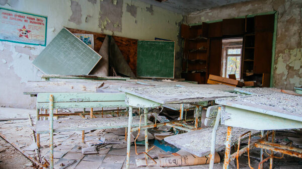 old broken radioactive school  after nuclear power plant disaster  in Chernobyl and Pripyat. The exclusion zone, Ukraine