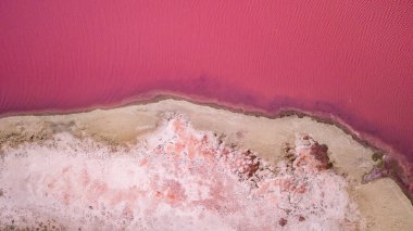 Ukrayna 'daki Pembe Tuz Gölü manzarası. Kırmızı pigmentli bir yosunun alışılmadık rengi. İnanılmaz deniz manzarası.