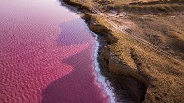 Ukrayna 'daki Pembe Tuz Gölü manzarası. Kırmızı pigmentli bir yosunun alışılmadık rengi. İnanılmaz deniz manzarası.