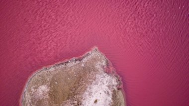 Ukrayna 'daki Pembe Tuz Gölü manzarası. Kırmızı pigmentli bir yosunun alışılmadık rengi. İnanılmaz deniz manzarası.
