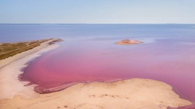 Ukrayna 'daki Pembe Tuz Gölü manzarası. Kırmızı pigmentli bir yosunun alışılmadık rengi. İnanılmaz deniz manzarası.