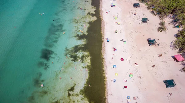 Aerial View Sea Ocean Sandy Beach Colorful Umbrellas Blue Water — Stock Photo, Image