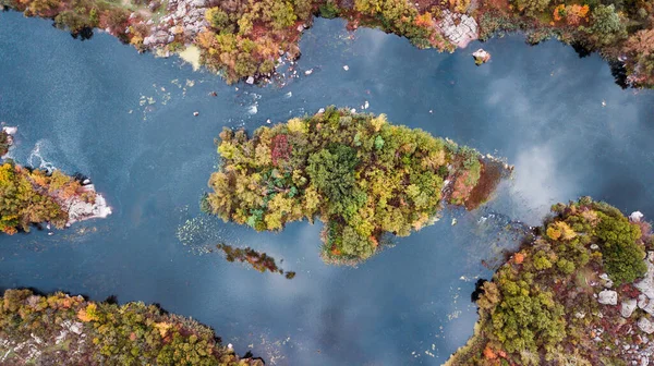 Amazing Aerial View Foggy Morning River Colorful Trees Drone Shot — Stock Photo, Image