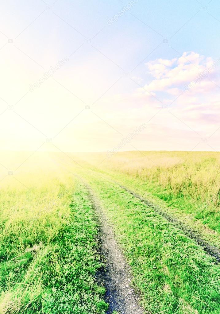 vintage road through fields with green grass and blue sky with c