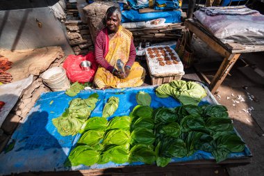 Bangalore, Karnataka, Hindistan - Ocak 2019: Bengaluru kentindeki bir sokakta yeşil betel yaprakları satan Hintli bir kadın.