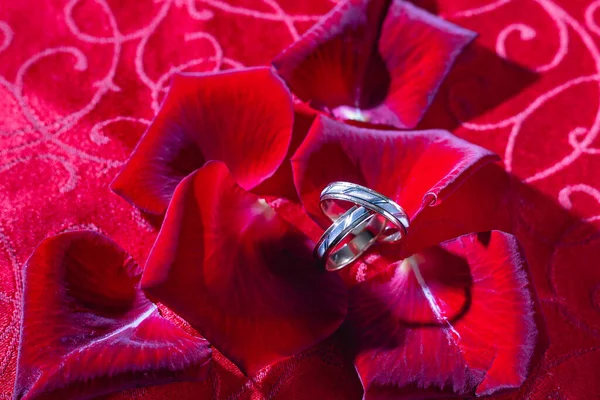 Anillos Boda Pétalos Rosa Roja — Foto de Stock