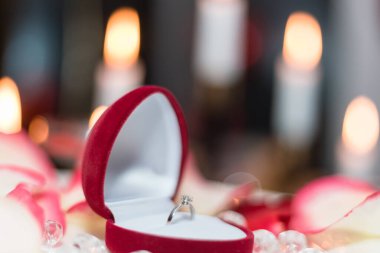 Mumların arka planında gül yapraklarıyla alyans.