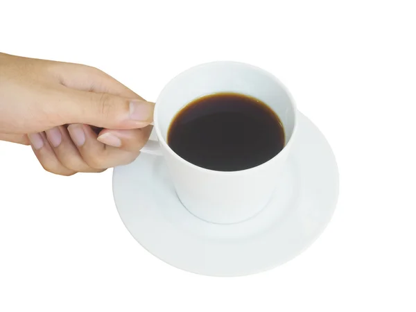 Ręka trzyma białe filiżanka kawy — Zdjęcie stockowe