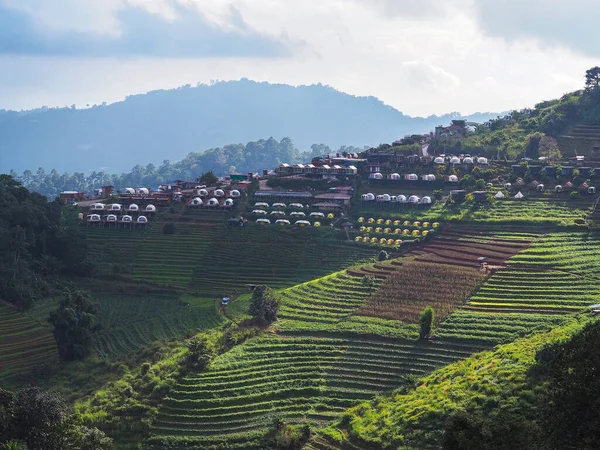 Landscape of mountain with resort and plantation field in the evening at Mon Jam, Chiang Mai, Thailand