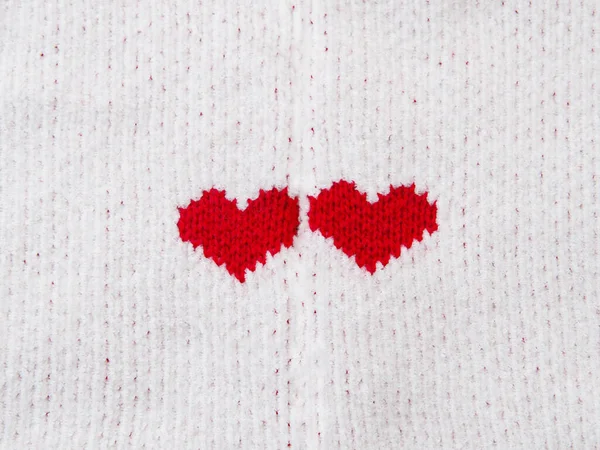 Two Red Heart Shape White Fabric Texture Valentine Day Concept — Stock Photo, Image
