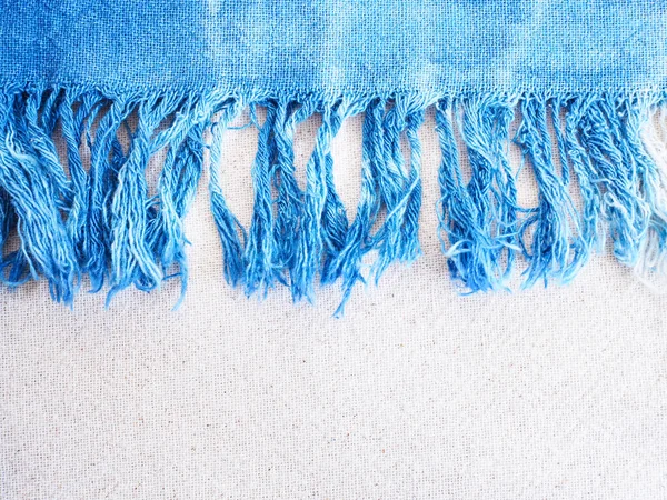 Närbild Indigo Tie Dye Frans Kant Beige Bomullstyg Textur Naturlig — Stockfoto