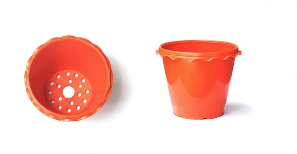 Tutup Set Pot Bunga Plastik Coklat Kosong Pada Latar Belakang — Stok Foto