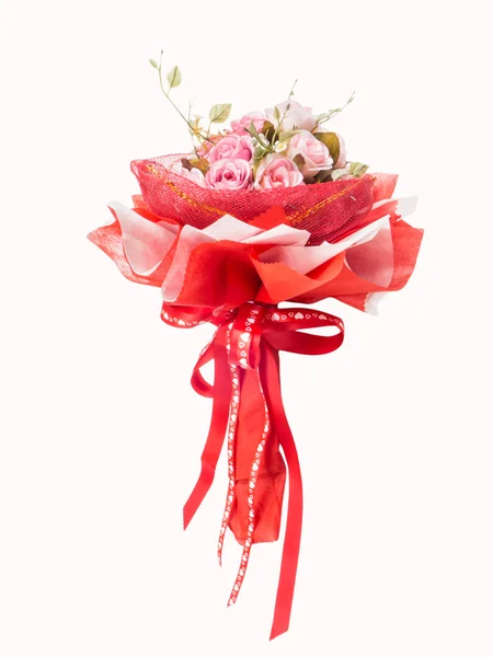 Bouquet from pink roses with red ribbon — Stock Photo, Image