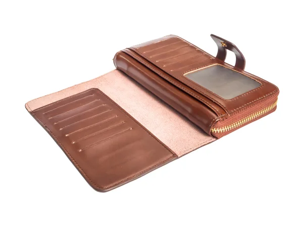 Відкрити всередині коричневий справжній шкіряний гаманець — стокове фото