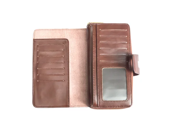 Otwarte wewnątrz brązowy skórzany portfel — Zdjęcie stockowe