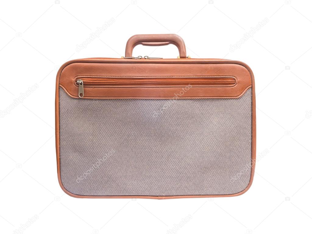 brown leather with grey tweed fabric briefcase isolated