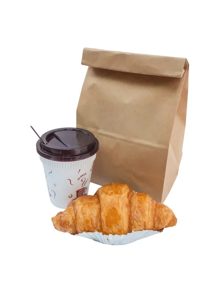 Café y croissant con bolsa de papel aislada —  Fotos de Stock