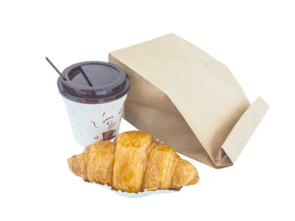 Café e croissant com saco de papel isolado — Fotografia de Stock