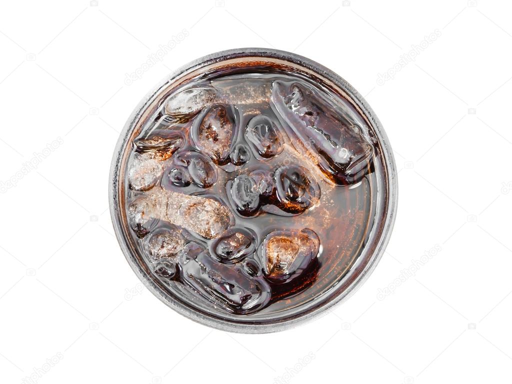 glass of cola with ice from top view