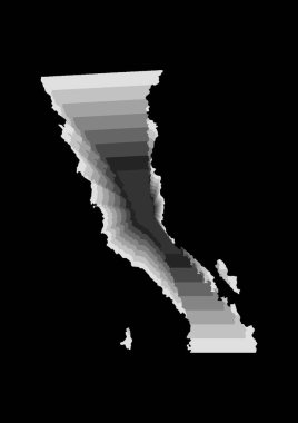 Baja California eyaletinin gri renkli ve siyah arkaplanlı haritasının katmanlı dijital çizimi