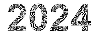 2024 sayısı, sarmal efektli siyah ve beyaz renklerde soyut stil