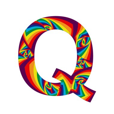 Gökkuşağı renkleri ve spiral efektlerle soyut Q harfi