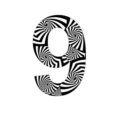 9 numara soyut tarzda, spiral efektler, siyah ve beyaz renklerde.