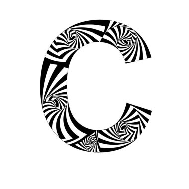 Soyut biçimde C harfi, sarmal efektler, siyah ve beyaz renklerde.