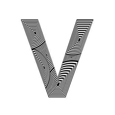 Katmanlı siyah ve beyaz renkli V harfi soyut biçimdedir.