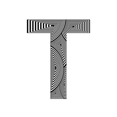 Soyut tarzda T harfi, katmanlanmış siyah ve beyaz renkli çizgiler