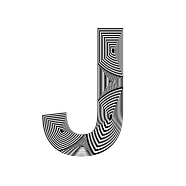 J harfi soyut tarzda, katmanlanmış siyah ve beyaz renkli çizgilerle