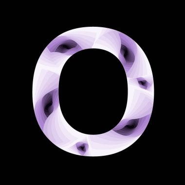 O harfi, mor renk ve spiral efektlerle soyut biçimdedir.