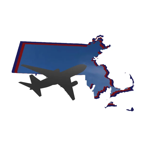 Ilustración Silueta Avión Mapa Del Estado Massachusetts Con Imagen Del — Foto de Stock
