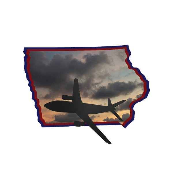 Illustration Silhouette Avion Sur Carte État Iowa Avec Image Ciel — Photo