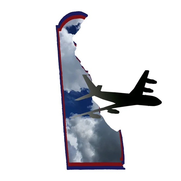 特拉华州地图上一架飞机的轮廓与天空图像的图解 — 图库照片