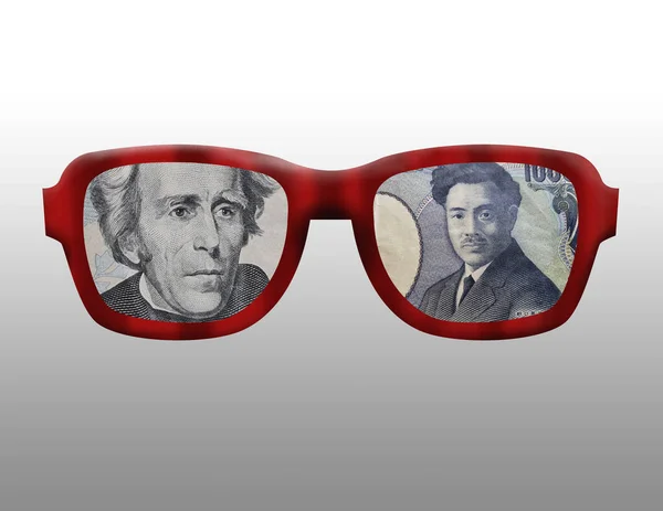 Ilustrace Obrysu Některých Brýlí Obrázkem Amerických Japonských Peněz Nich — Stock fotografie