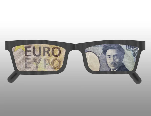 ヨーロッパや日本のお金をイメージしたメガネの輪郭のイラストです — ストック写真