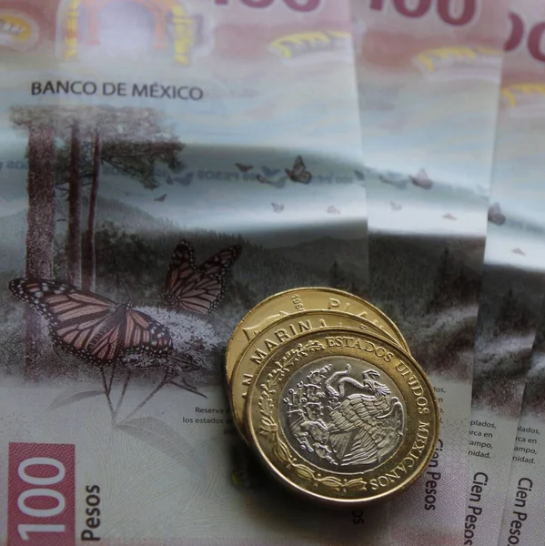 Annäherung Mexikanische Banknoten 100 Pesos Und Münzen — Stockfoto