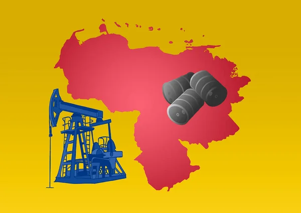 illustration with a map of Venezuela, oil extraction machine and barrels