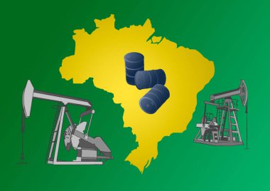 Brezilya haritası, yağ çıkarma makineleri ve varilleriyle illüstrasyon