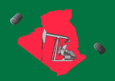 Cezayir haritası, petrol çıkarma makinesi ve varilleri olan bir illüstrasyon