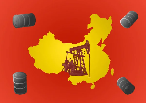 illustration with a map of China, oil extraction machine and barrels