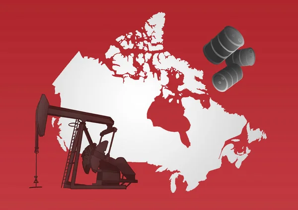 illustration with a map of Canada, oil extraction machine and barrels