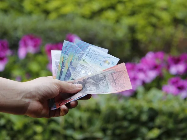 hand of a woman holding australian banknotes in a garden