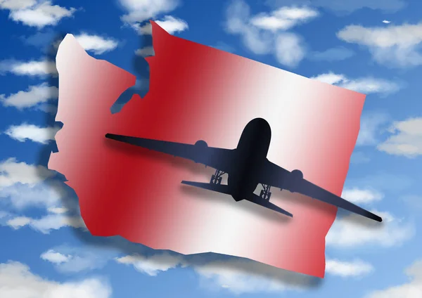 Ilustrace Siluetou Letadla Mapou Státu Washington Pozadí Oblohou Mraky — Stock fotografie