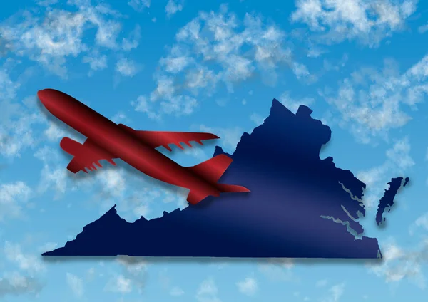 Ilustrace Siluetou Letadla Mapou Státu Virginie Pozadí Oblohou Mraky — Stock fotografie