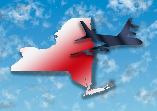 图上有一架飞机的轮廓和在天空和云彩背景下的纽约州地图 — 图库照片