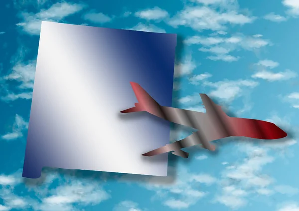 illustration with the silhouette of an airplane and the map of the State of New Mexico on a background with sky and clouds