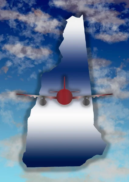 Ilustrace Siluetou Letadla Mapou Státu New Hampshire Pozadí Oblohou Mraky — Stock fotografie
